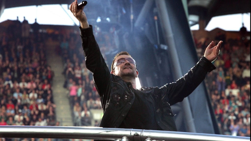 Bono shows his appreciation to the Croke Park crowd during U2's 360 Tour performance in July 2009. Photograph: Brenda Fitzsimons