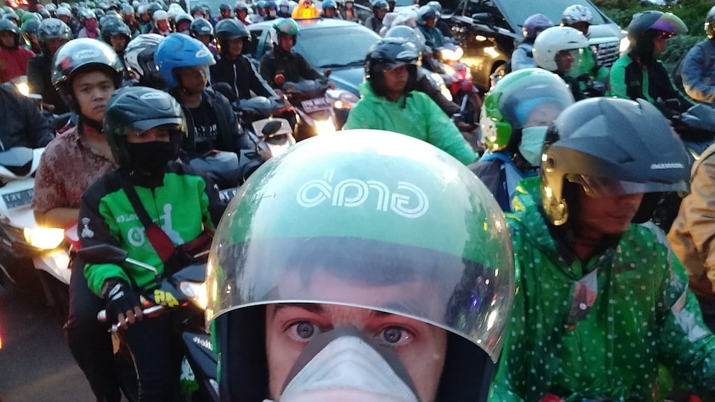 Barry Dunning at rush hour in Jakarta. 'Traffic jams are known in Indonesian as macet, and macet defines your life here.'