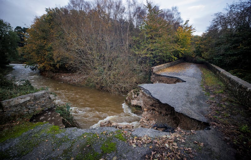River Big Bridge partly collapsed overnight not far from Carlingford in Co Louth. Photograph: Liam McBurney/PA Wire