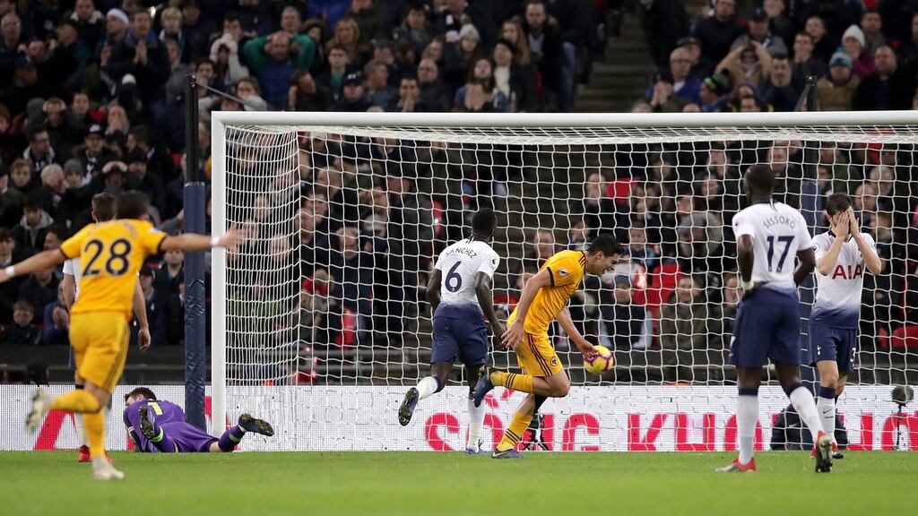 Wolverhampton Wanderers’ Raul Jimenez (centre) celebrates scoring his side’s second goal of the game during the Premier League win over Tottenham Hotspur at Wembley Stadium. Photo: John Walton/PA Wire