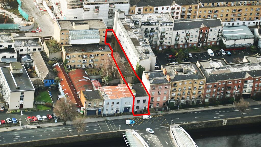 An aerial view of 14 Usher’s Island shows the extent of the site and its location overlooking the James Joyce Bridge.