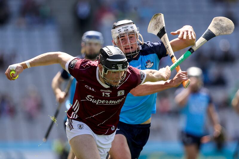 Galway's Kevin Cooney comes up against Paddy Doyle of Dublin at Croke Park. Photograph: Ben Brady/Inpho