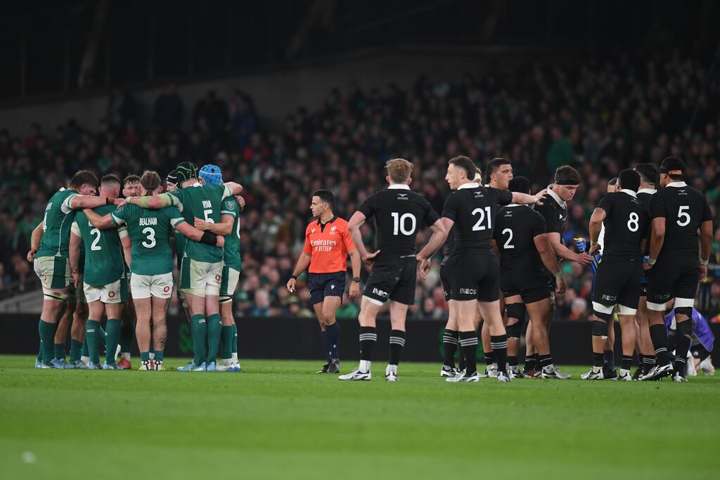 Ireland huddle after the try by Josh van der Flier during the match against New Zealand at the Aviva Stadium in Dublin last Saturday. Photograph: Charles McQuillan/Getty Images