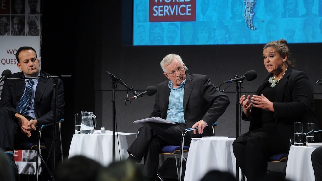 Sharing a stage: BBC journalist Jonathan Dimbleby quizzing Leo Varadkar and Mary Lou McDonald for a broadcast recorded in late 2016 at Dublin Castle. “Since Varadkar became Taoiseach there has certainly been a thaw in relations between Fine Gael and Sinn Féin.” File photograph: Aidan Crawley