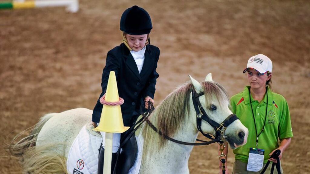 Silver medal winner Dearbhail Savage  riding ‘Pepper’ during the EQ equestrian working trails division six final at the Los Angeles Equestrian Center. Photograph: Ray McManus/Sportsfile