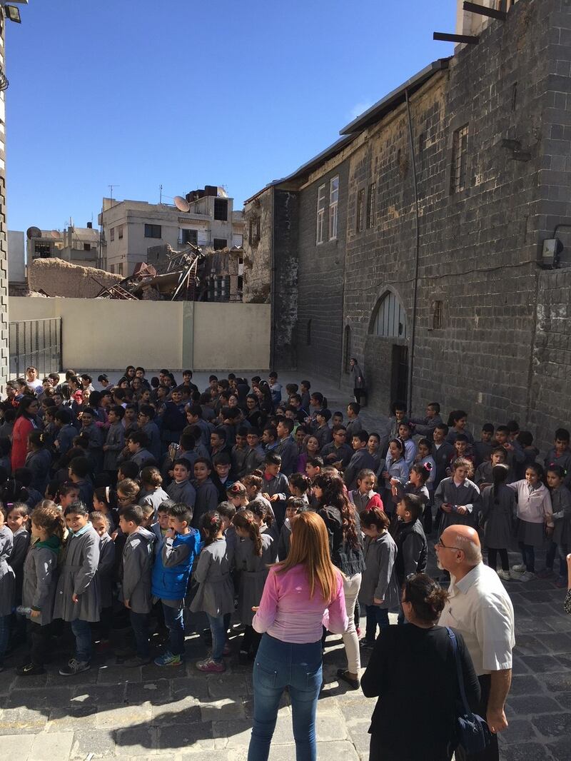 Children assemble in the courtyard of the Ghassaniya, the girls’ school founded in 1894 by the Orthodox Church. Photograph: Michael Jansen