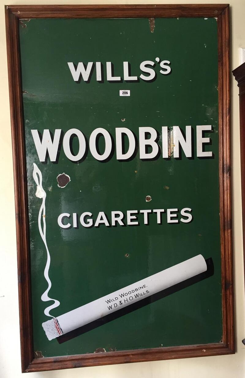 Antique enamel cigarette advertising sign Wills Woodbine cigarettes approximately 5ft high (€300-€500), Matthews