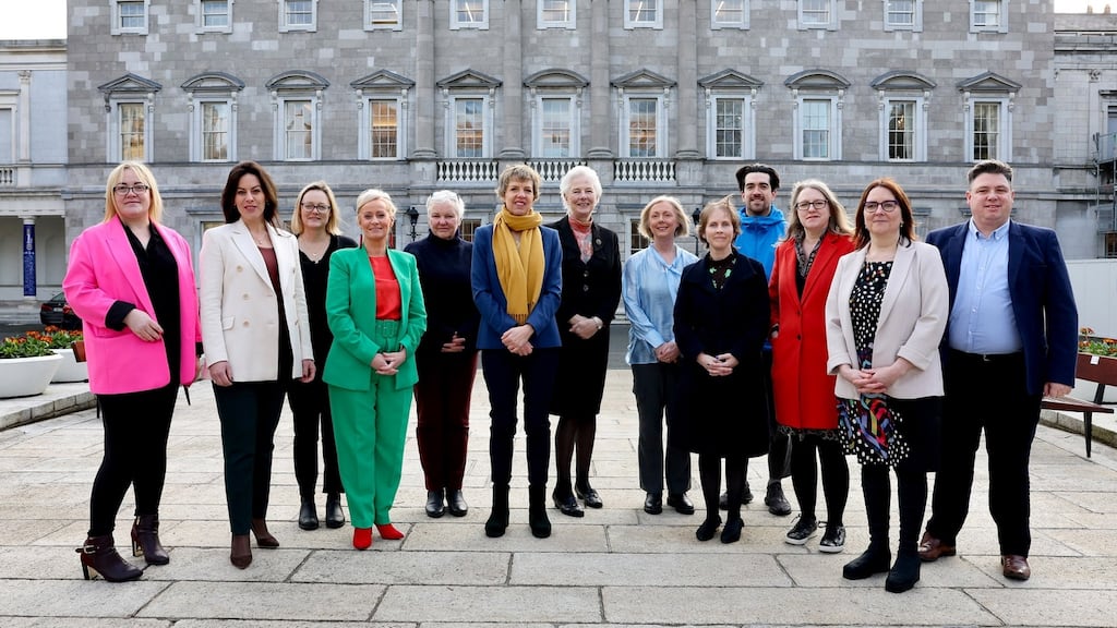 The Oireachtas Committee on Gender Equality meet at Leinster House on Thursday. From left: Sorca Clarke TD (Sinn Féin); Jennifer Carroll MacNeill TD (Fine Gael); Lorraine Kavanagh of the Citizens’ Assembly Secretariat; Niamh Smyth TD (Fianna Fáil); Bríd Smith TD (People Before Profit-Solidarity); Ivana Bacik TD, chair of the Committee (Labour); Dr Catherine Day, chairperson of the Citizens Assembly; Senator Regina Doherty (Fine Gael); Senator Pauline O’Reilly (Green Party); Senator Fintan Warfield (Sinn Féin); Senator Alice-Mary Higgins (Independent); Dr Mary Claire O’Sullivan of the Citizens’ Assembly Secretariat; and Paul McAuliffe, TD (Fianna Fáil). Phoograph: Maxwells