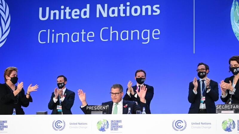 Cop26 president Alok Sharma receives applause after giving the closing speech of the summit on Saturday in Glasgow. Photograph: Jeff J Mitchell/Getty Images