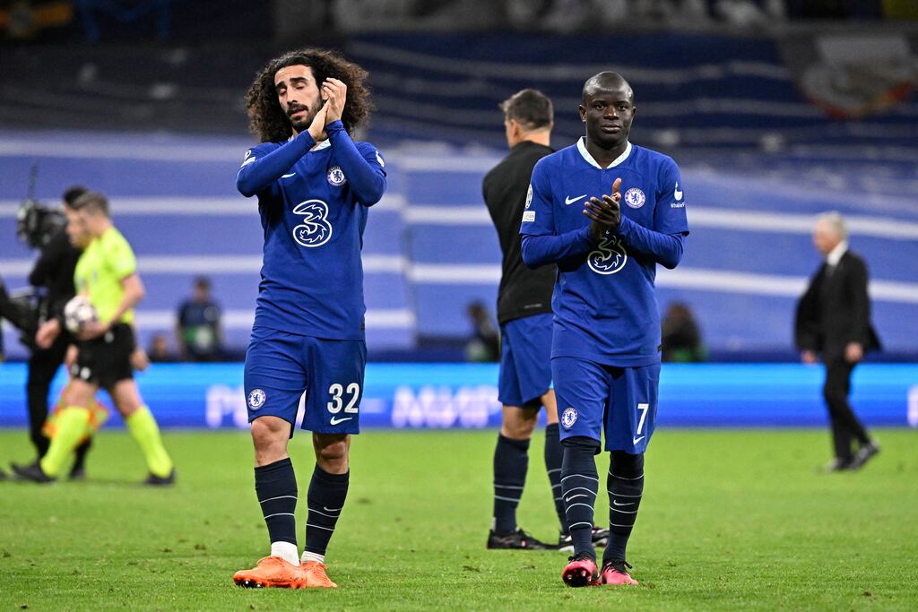 Chelsea's Marc Cucurella N'Golo Kante applaud their fans after being beaten 2-0 by Real Madrid on Wednesday. Photograph: Javier Soriano/AFP via Getty Images