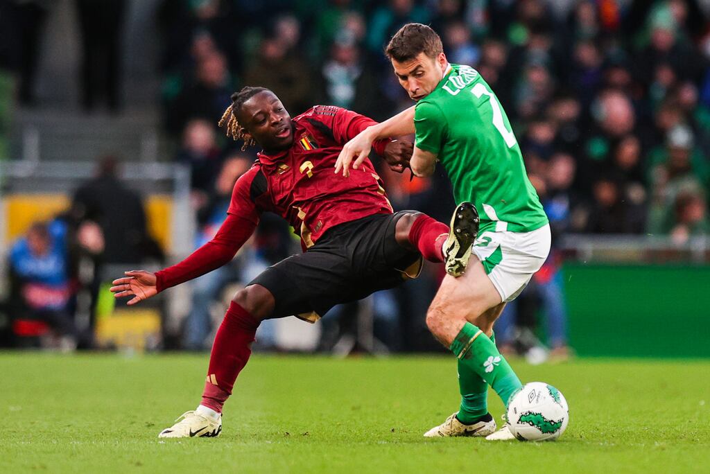 Ireland's Seamus Coleman and Jérémy Doku of Belgium. Photograph: Ryan Byrne/Inpho