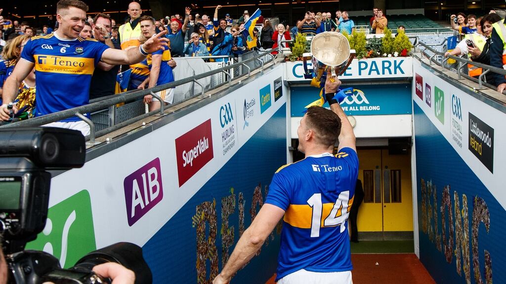 Séamus Callanan heads down the Croke Park tunnel with Liam MacCarthy. Photograph: James Crombie/Inpho