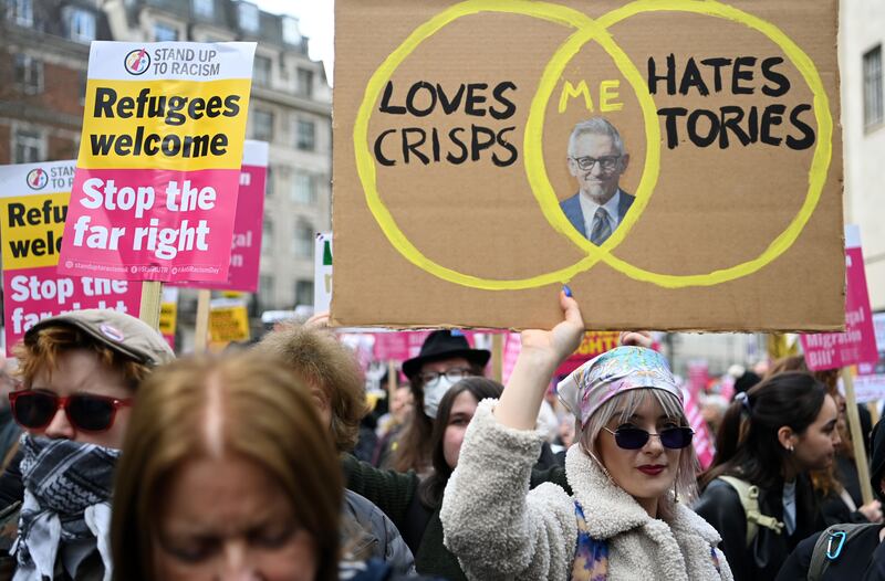 Protesters demonstrate against the UK government's new illegal migration Bill during in central London. Photograph: Andy Rain/EPA