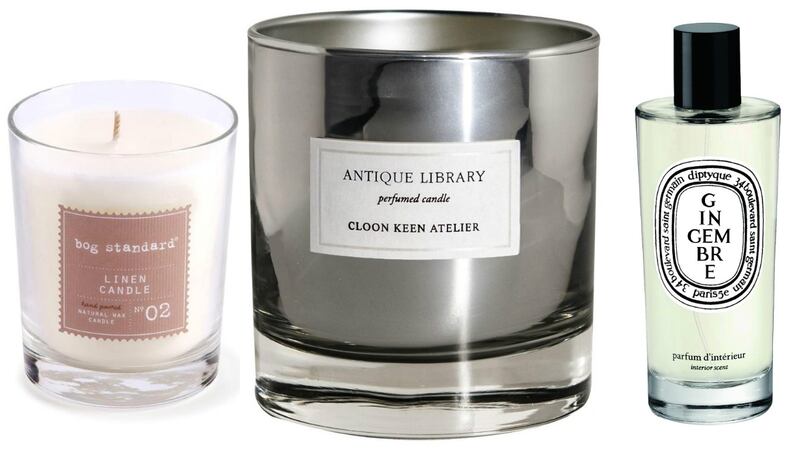 Bog Standard Linen Candle (€16.95, from bogstandard.ie); LAURA’S PRODUCT OF THE WEEK - Cloon Keen Atelier Antique Library Candle (€40 from Brown Thomas); Diptyque Interior Scent in Gingembre (€46)