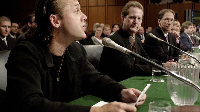 Lars Ulrich, left, gives evidence at the Napster hearings before the US Senate Judiciary Committee