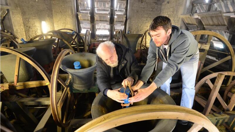 Former ringing master Leslie Taylor and bell-ringer David Hogan at Christ Church Cathedral last year. Photograph: Dara Mac Dónaill