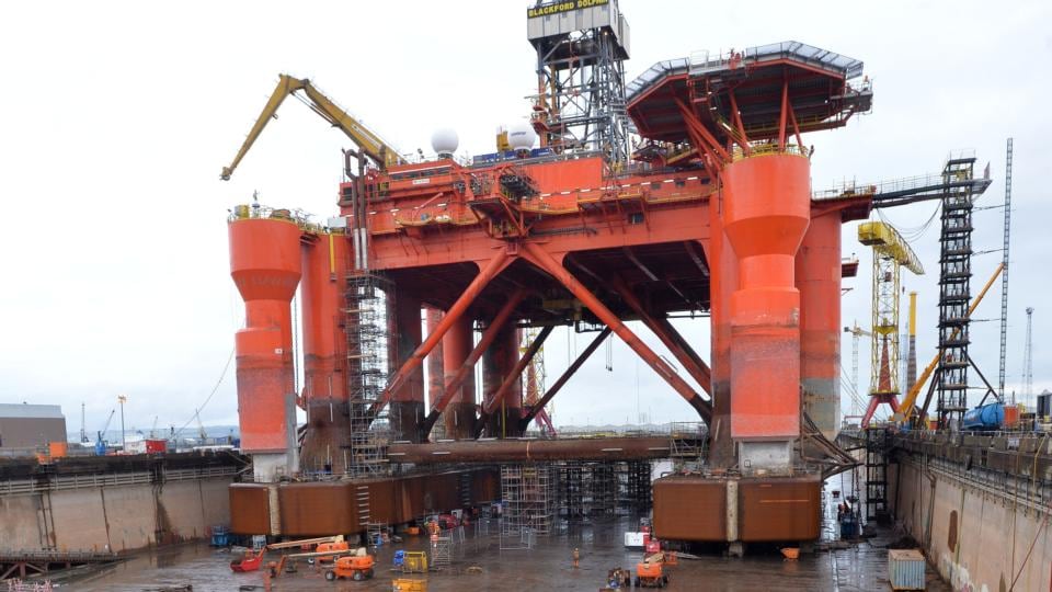Titanic scale: the Blackford Dolphin oil rig in the dry dock for refurbishment. Photograph: Stephen Davison/Pacemaker