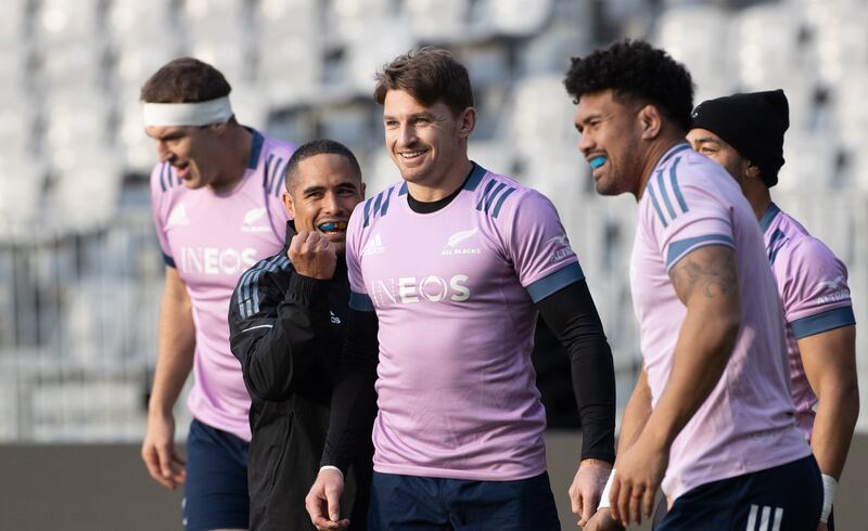 Aaron Smith and Beauden Barrett during a training session in the Forsyth Barr Stadium on Thursday. Photograph: Billy Stickland/Inpho