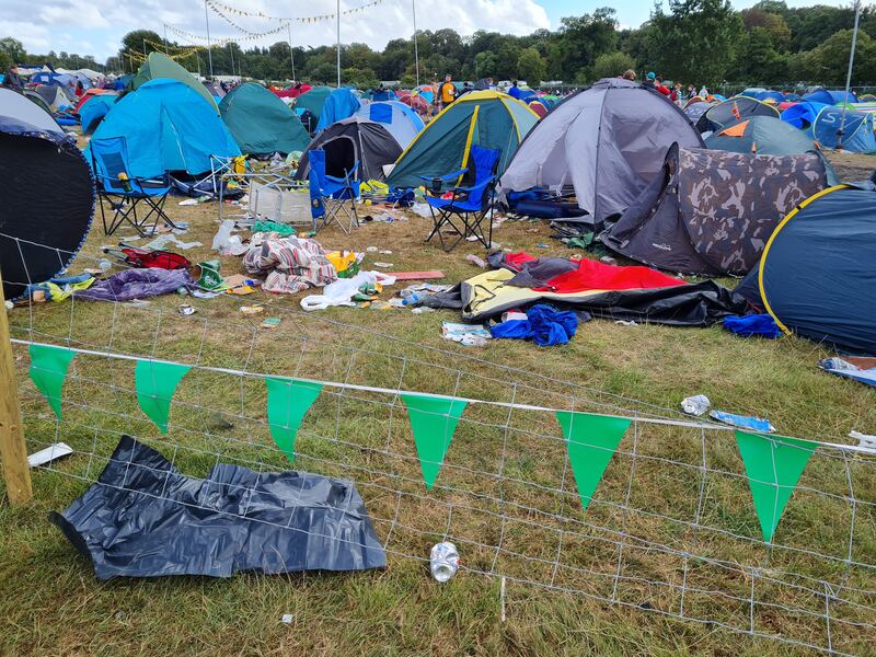 Electric Picnic: abandoned tents, camping chairs and rubbish on Monday. Photograph: Shauna Bowers