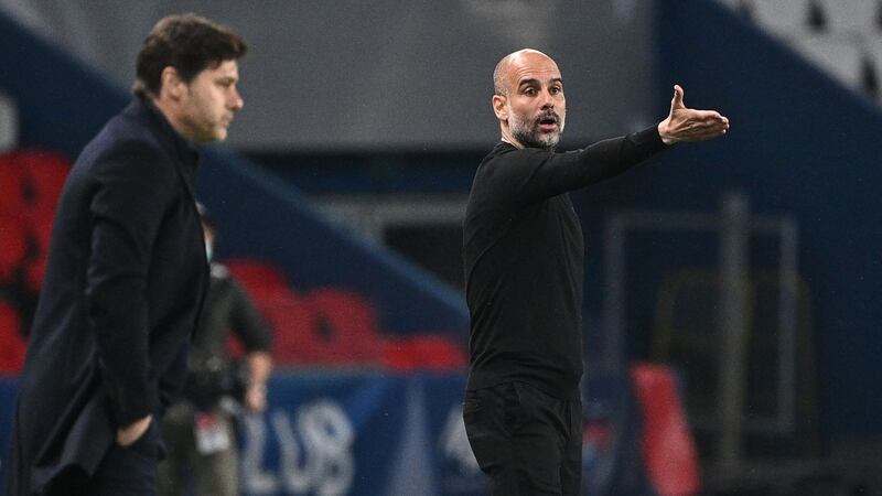Manchester City manager Pep Guardiola gives his instructions next to Paris Saint-Germain’s boss Mauricio Pochettino during the Champions League semi-final, first leg at Parc des Princes. Photograph: Anne-Christine Poujoulat/AFP via Getty Images