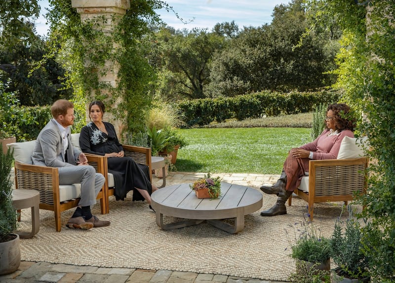 Oprah with Meghan and Harry: Meghan is pregnant, but the couple are also pregnant with a nascent media empire and lucrative Spotify and Netflix contracts. Photograph: Joe Pugliese/Harpo via AP