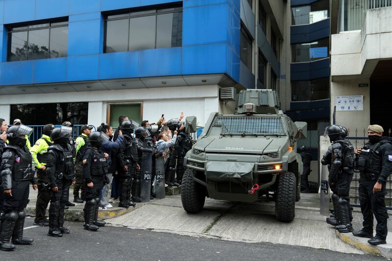 A military vehicle transports former Ecuadorian vice president Jorge Glas from the detention centre where he was held after police broke into the Mexican embassy to arrest him in Quito, Ecuador, Photograph: Dolores Ochoa/AP