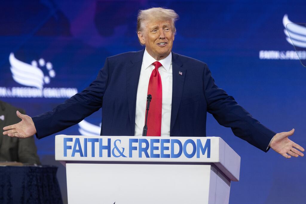 Donald Trump addresses the Faith and Freedom Coalition's Road to Majority Policy Conference in Washington, DC. Photograph: EPA