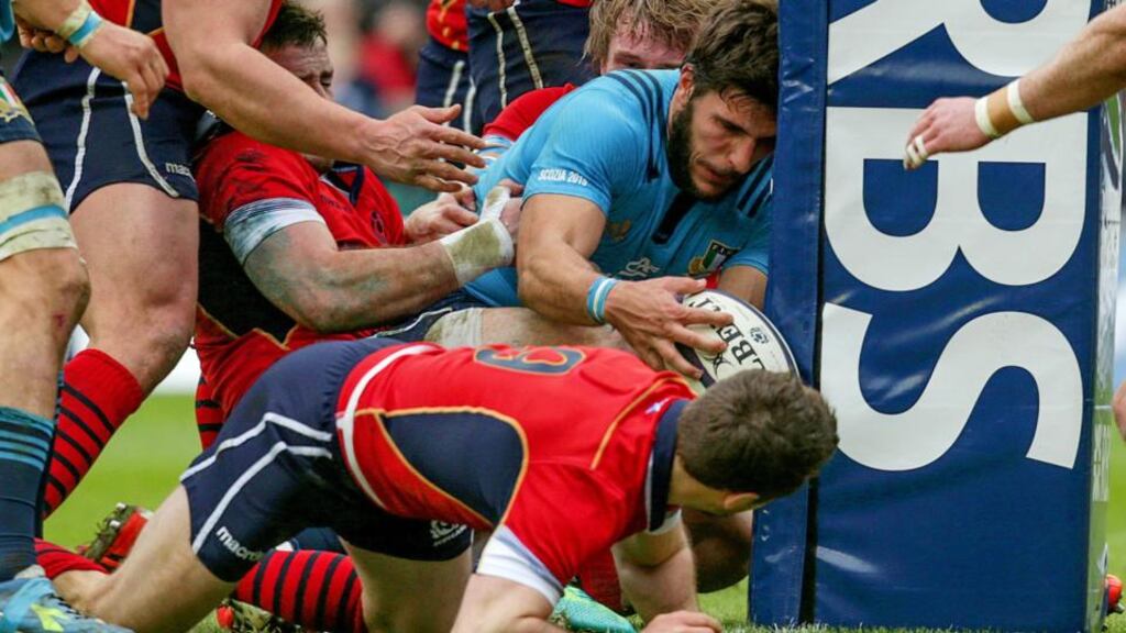 Giovanbattista Venditti scores Italy’s second try during the Six Nations match at Murrayfield. Photograph: Giuseppe Fama/Inpho