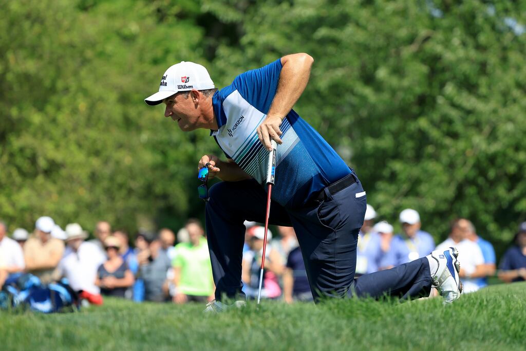 Pádraig Harrington lines up a putt during the final round of the US Senior Open Championship at Saucon Valley Country Club in Bethlehem, Pennsylvania. Photograph: Sam Greenwood/Getty Images