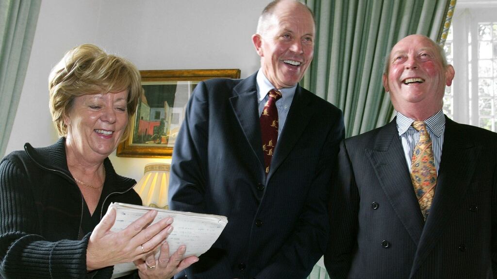John McGahern, right, after he handed over his literary archive to NUI Galway in 2003, with Dr Iognaid O Muircheartaigh, President of the College, and librarian Marie Reddan. Photograph: Joe O’Shaughnessy