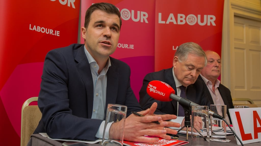 Cllr Duncan Smith (left) Labour Party leader Brendan Howlin and Cllr Dermot Lacey during the launch of The Labour Party’s manifesto for the local elections in Buswells Hotel, Dublin. Photograph: Gareth Chaney/Collins