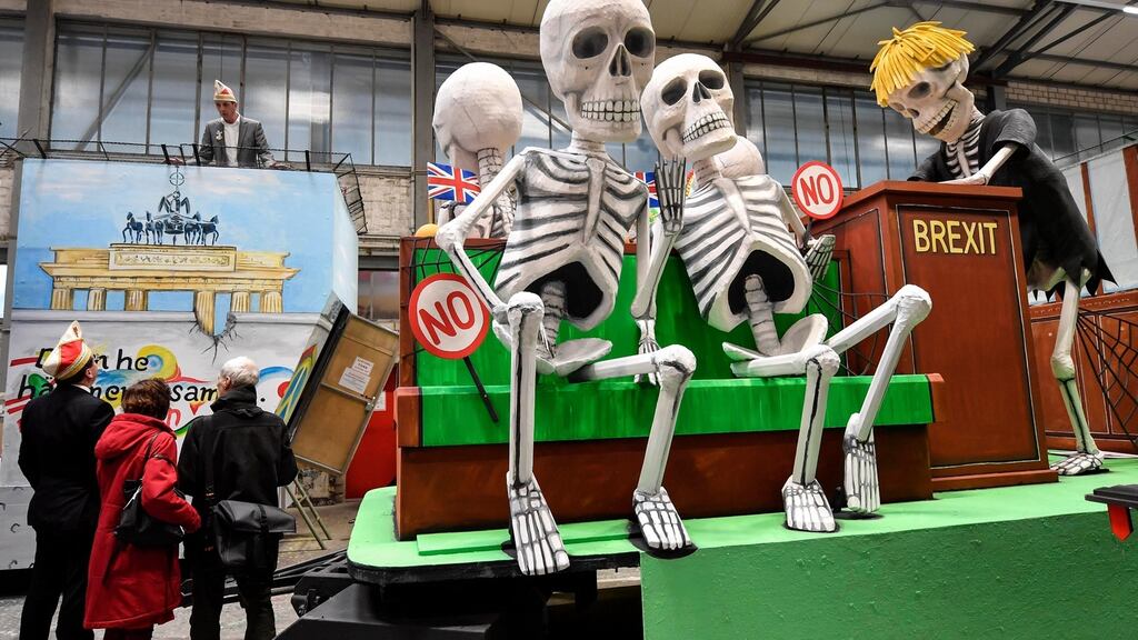A House of Commons Brexit debate, but with skeletons, set to go on parade in Cologne, Germany. Photograph: Martin Meissner/AP