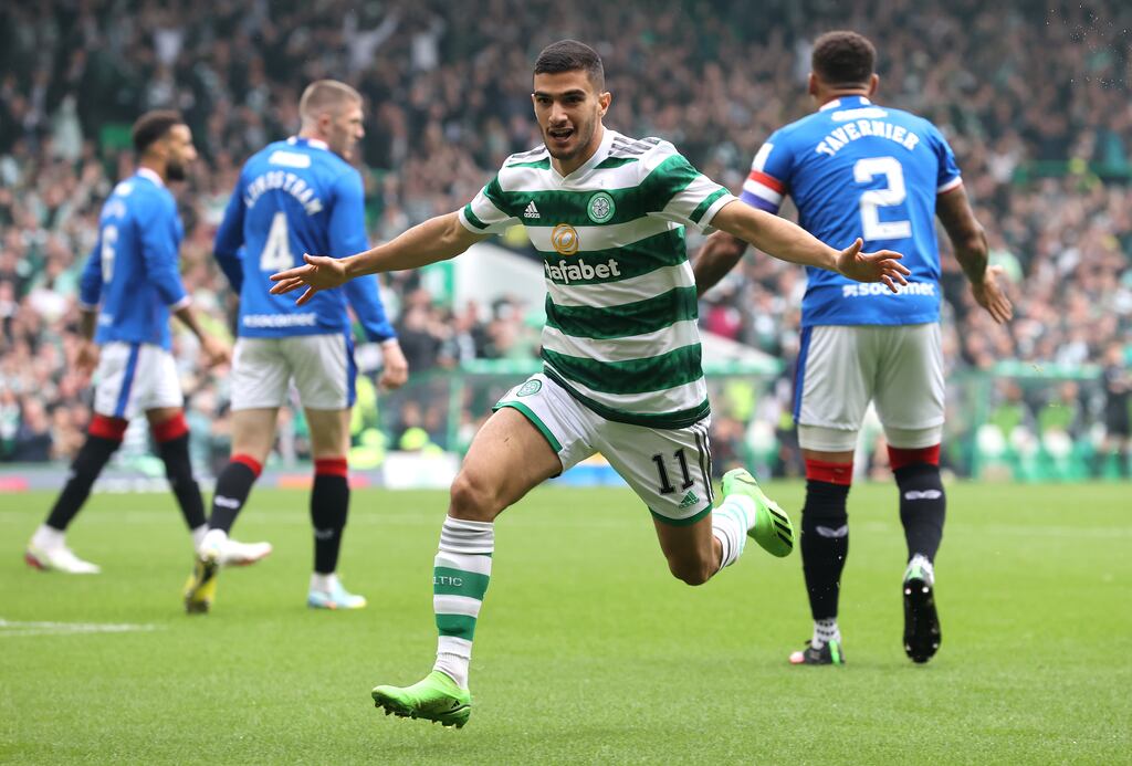 Celtic's Liel Abada celebrates scoring his side's first goal during the Premiership match against Rangers at Celtic Park. Photograph: Steve Welsh/PA Wire
