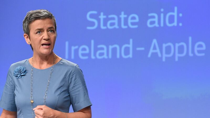 EU competition commissioner Margrethe Vestager announces the order that Apple pay €13 billion to Ireland. Photograph: AFP/John Thys/Getty Images