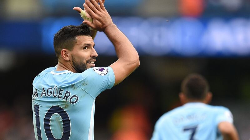 Manchester City’s Argentinian striker Sergio Aguero celebrates after scoring their fourth goal. Photograph: Getty Images