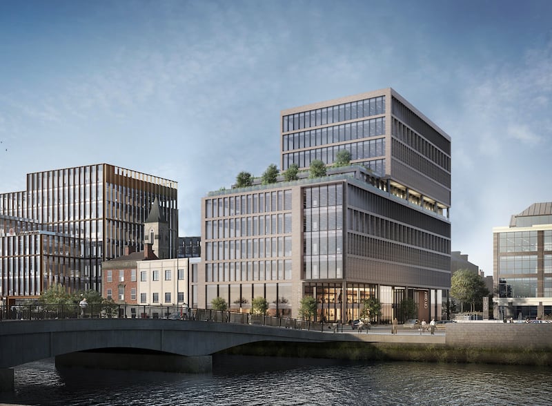 A computer-generated image of the office scheme proposed in a feasibility study for the City Arts Centre site in Dublin’s south docklands.