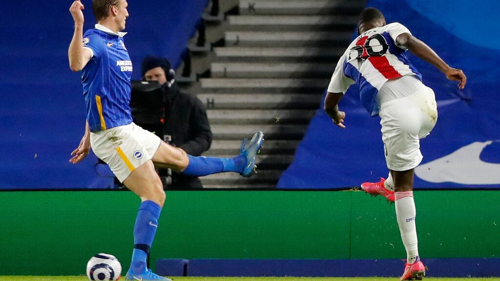 Crystal Palace’s Christian Benteke scores the winner against Brighton and Hove Albion. Photograph: Getty Images