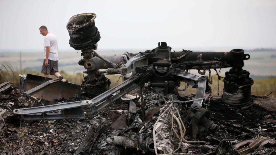 Debris is pictured at the site of Thursday’s Malaysia Airlines Boeing 777 plane crash near the village of Grabovo in the Donetsk region of Ukraine. Photograph: Maxim Zmeyev/Reuters