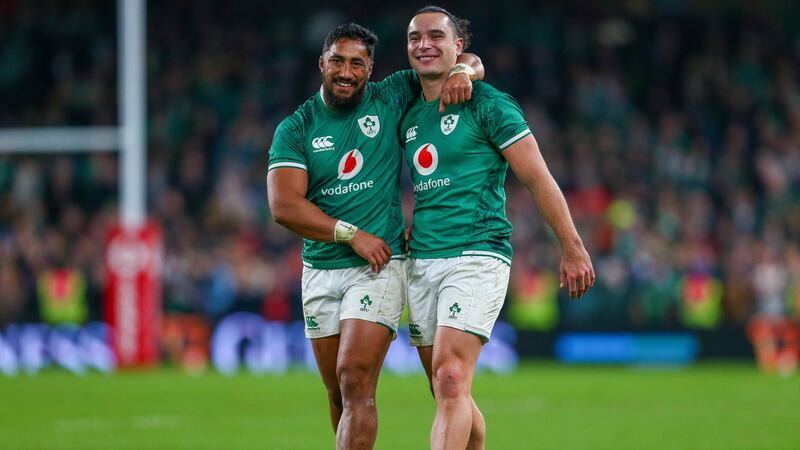 Ireland’s Kiwis Bundee Aki and James Lowe celebrate their side’s win over the All Blacks. Photograph: Ken Sutton/Inpho