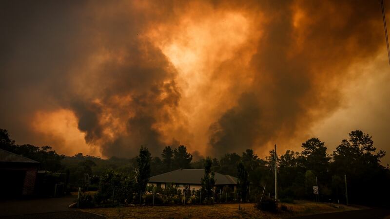 Two bushfires approach a home located on the outskirts of the town of Bargo in Sydney, Australia. Photograph: David Gray/Getty Images