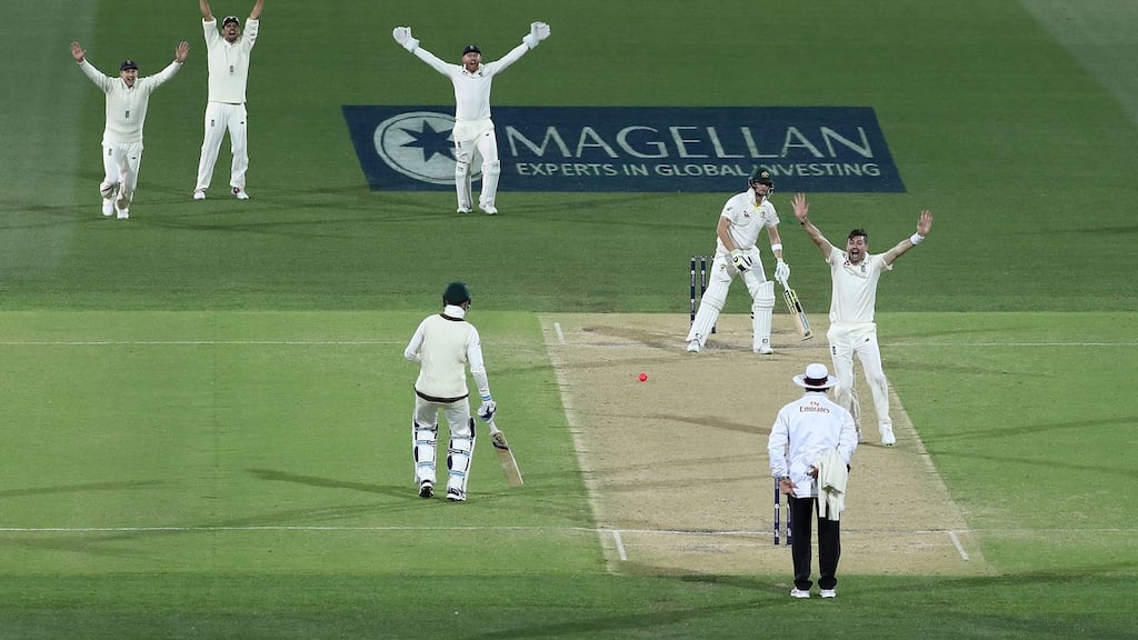 James Anderson of England appeals for the wicket of Steve Smith of Australia during day three of the second Test match during the 2017/18 Ashes Series. Photo: Ryan Pierse/Getty Images