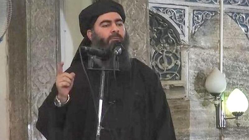 A file frame from a video released by the Islamic State purportedly shows Abu Bakr al-Baghdadi giving a speech.