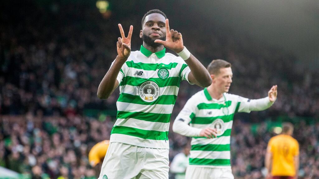 Celtic’s Odsonne Edouard celebrates opening the scoring for Celtic against Motherwell. Photograph: Jeff Holmes/PA