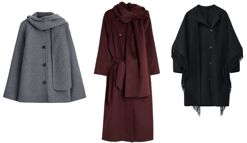 Scarf coat (€199) from Cos; Scarf coat (€219) from River Island; Fringe coat (€350) from & Other Stories