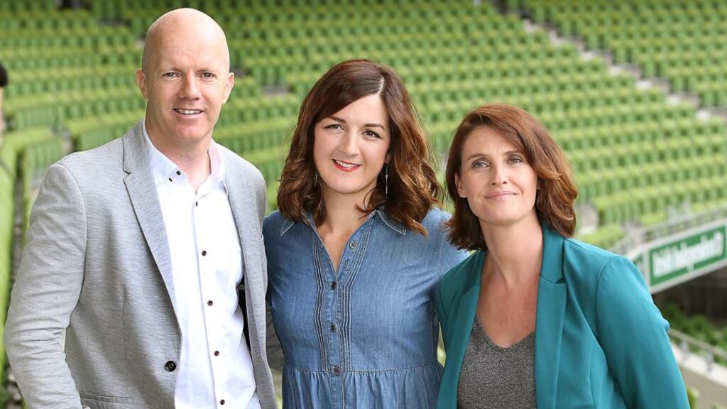 Paul Kelly, Lilly Higgins and Anna Nolan from The Great Irish Bake Off at the launch of TV3’s autumn schedule at the Aviva Stadium in Dublin. Photograph: Brian McEvoy