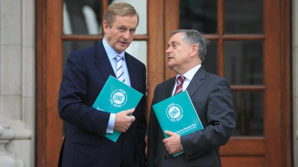 Taoiseach Enda Kenny and Minister Public Expenditure and Reform Brendan Howlin at the announcement of the Civil Service Renewal Plan in Government Buildings, Dublin. Photograph: Gareth Chaney Collins