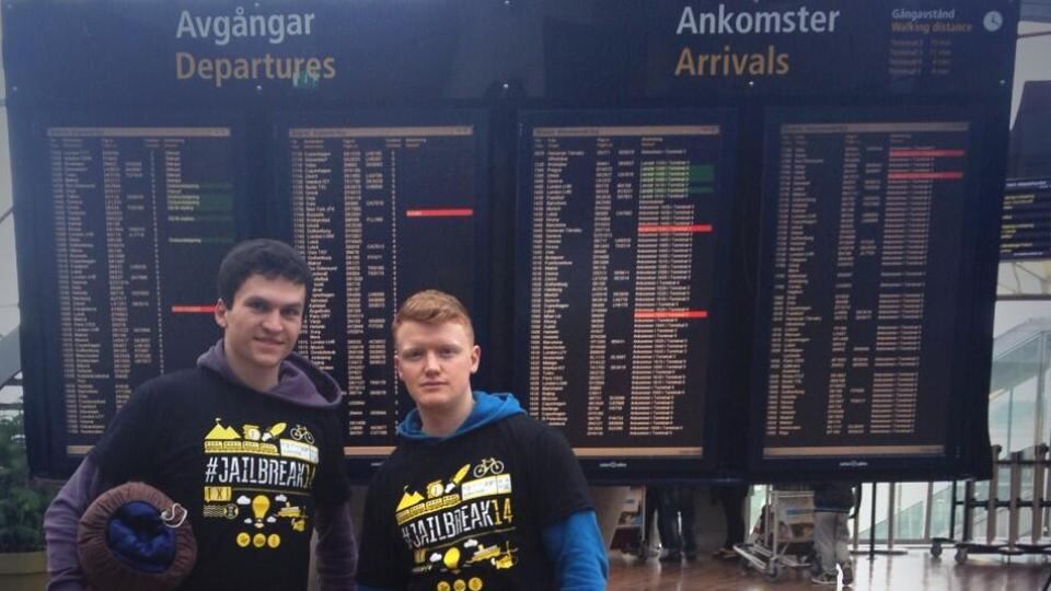 Sam Gray and Robert Rutledge, medical students from Trinity College, stranded in Stockholm after chasing the Northern Lights through Finland. Photograph: Sam Gray and Robert Rutledge
