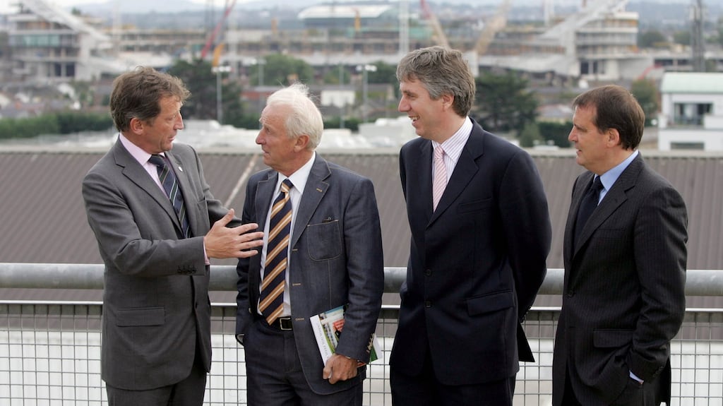 At the launch of the FAI Vantage Club tickets in September 2008 (left to right) ISG chief executive Andrew Hampel, Ireland manager Giovanni Trapattoni, FAI chief John Delaney and Ireland assistant manager Marco Tardelli. Photograph: Donall Farmer/Inpho