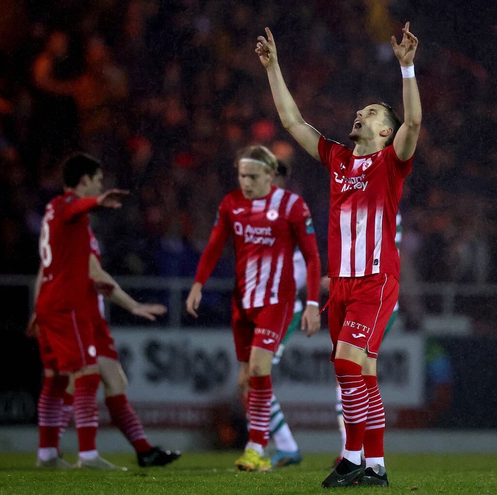 Sligo’s Lukas Browning celebrates scoring a late goal to draw the game. Photograph: Ryan Byrne/Inpho