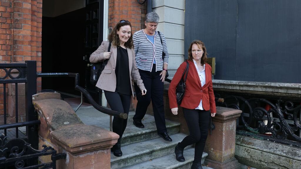 Retired Captain Yvonne O’Rourke, CQMS, Karina Molloy and Captain Diane Byrne, Women of Honour group, leaving Iveagh House, Dublin, after meeting with Minister for Defence Simon Coveney TD. Photograph: Dara Mac Dónaill / The Irish Times